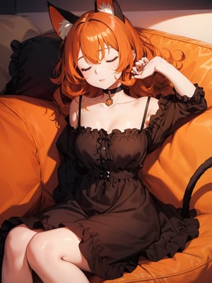 masterpiece, top quality, 1 girl, orange hair, frizzy hair, big eyes, cat ears and tail, black and orange dress, sleeping curled up, sleeping on couch, high definition, choker
