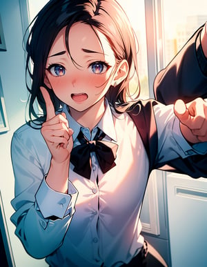 (masterpiece, top quality), high definition, artistic composition, one female, pointing, embarrassed, troubled, collared shirt, business suit, from above, nose blush, broad forehead, hair pulled back, fingers up, office, cute, comedy, animation, reaching