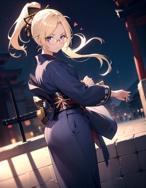 (Masterpiece, Top Quality), High Definition, Artistic Composition, 1 Girl, Animation, Blonde Hair, Inverted Ponytail , Samurai, Indigo Dyed Kimono, Japanese Sword, Serious Face, Glasses, Make a Heart with Own Hands, Crowded, Night Street, Impressive Light, High Contrast, Heart Mark