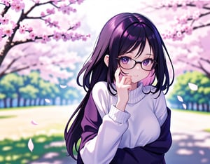  Masterpiece, top quality, high quality, artistic composition, one woman, childish, large dark rimmed glasses, plain dark hair, embarrassed, looking away, cute gesture, blush, side view composition, plain clothes, cherry blossom trees, in full bloom, petals dancing, warm light, dramatic, POW, date, crowded, flirty eyes, smirking, anime, face down,<lora:659111690174031528:1.0>