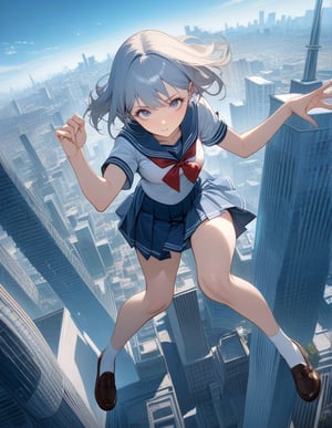 (masterpiece, top quality), high definition, artistic composition, 1 girl, sailor uniform, school uniform, flying, floating in air, city, from above, body twisting, flying pose, perspective, building city, surreal, fantasy