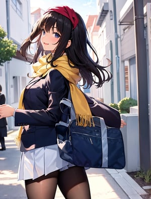 Masterpiece, Best Quality, 1 girl, smiling, right hand out in front, greeting, blazer, school uniform, school uniform, school bag, pantyhose, Japan, morning, school route, standing tall, from side, artistic composition, refreshing, high definition, strong sunlight, white scarf,breakdomain,masterpiece