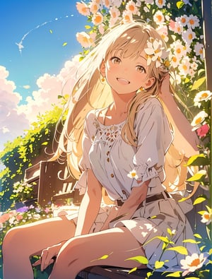 Masterpiece, Top Quality, 1 girl, smiling with mouth open, hand between legs, sitting on ground, looking up at sky, white blouse, beige skirt, flower garden, flowers blooming, high definition, striking light, composition from below, portrait, wide shot, backlight, emphasis on feet