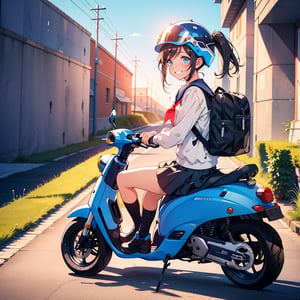 (masterpiece, top quality), high definition, artistic composition, 1 girl, riding scooter, sports helmet, abandoned town, sailor suit, backpack, smiling, bold composition, dramatic, striking light