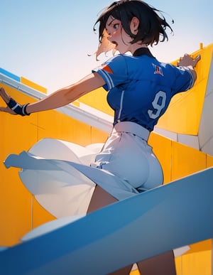 (masterpiece, top quality), high definition, artistic composition, 1 girl, athlete fashion, reaching forward, short hair, from side, screaming, close-up of face, from below, looking away, stadium, dynamic, dramatic,