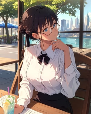 (masterpiece, top quality), high definition, artistic composition, 1 woman, cutter shirt, loose collar, hair tied back, cool glasses, open cafe, drinking water from an ice glass, taking a break, shady tree, urban landscape, summer, portrait, sweating, on table Handkerchief on table, taking a break at work, looking away