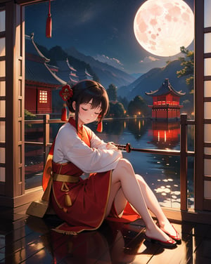 (masterpiece, top quality), high definition, artistic composition, 1 girl, Chinese traditional clothes, (playing Chinese folk instrument), eyes closed, calm face, relaxed, Chinese wooden architecture, sitting by window, night, full moon reflected on water, wooden floor