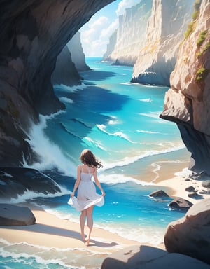 (masterpiece, top quality), high definition, artistic composition, 1 girl, sleeveless dress, bare feet, sandy beach, lapping waves, tunnel made of huge rocks, beautiful natural scene, unusual landscape, surprised, exploring, bold Composition,1girl