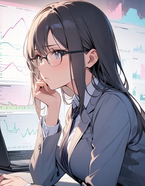 (masterpiece, top quality), high definition, artistic composition, 1 woman, female analyst, business suit, wearing glasses, tilted head, hand on chin, troubled, image of graph of economic indicators in background, pastel tones