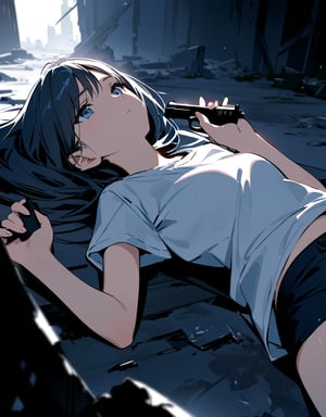 (masterpiece, top quality), high definition, artistic composition, 1 girl, 15 years old, expressionless, (holding pistol with both hands), dark, in ruins, plain t-shirt, shorts, lying on her back on the ground,