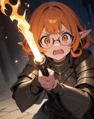 Masterpiece, Top Quality, High Definition, Artistic Composition,1 girl, warrior, scared, orange curly hair, big round rimmed glasses, elf, freckles, fantasy, dark dungeon, holding torch, khaki light armor, Dutch angle, stooped, childish, crying face