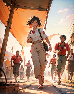 Masterpiece, top quality, high definition, artistic composition, 1 woman, red cross, medical staff, shirt, olive pants, busy working, displaced persons camp, short hair, tan, dramatic, film style, wide shot, dusty, hot sun, smiling, stooping, children running around, realistic