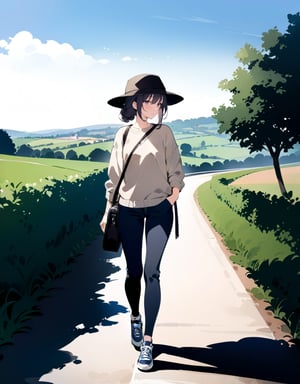 (masterpiece, top quality), high definition, artistic composition, 1 girl, (watercolor), French countryside, road leading to hill, country road, walking, travel bag, casual fashion, sneakers, artistic, blue sky, Daily life, hat, traveler