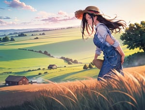 masterpiece, top quality, high definition, artistic composition, 1 girl, work clothes, denim apron, straw hat, driving red tractor, farmstead, morning, morning mist, backlit, dramatic, striking, sleepy, southern beauty, tower silo, pasture, wide shot, landscape, southern USA,best quality