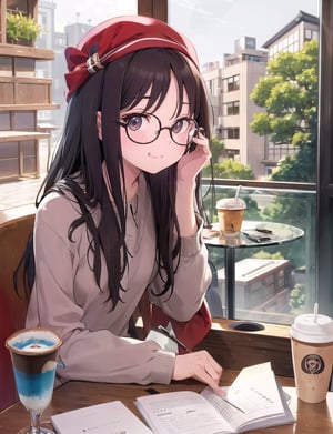 Masterpiece, top quality, 1 girl, round glasses, dark rimmed glasses, close-up of face, long shaggy hair, coffee shop, cheek rest on table, looking out window, cup of coffee, Japan, plain clothes, window seat, high definition