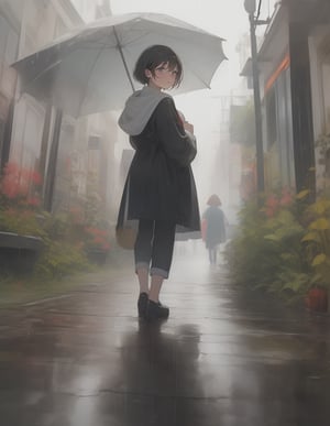 Souvenir masterpiece, top quality, high definition, artistic composition, mother of one, standing with umbrella, picking up child, smiling, looking toward, back view of one child in foreground, raining, wide shot, portrait,girl