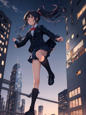 Masterpiece, best quality, 1 girl, jumping, beautiful background, cityscape, building rooftop, blazer, uniform, school uniform, legs bent, ponytail, sports bag, fish-eye lens, high definition, composition from below, night scene, perspective, wide angle