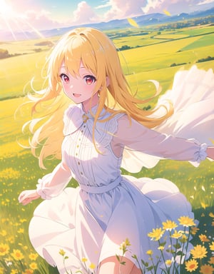 (masterpiece, top quality), high definition, artistic composition, 1 girl, flying pose, cheerful, meadow, composition from above, smiling, blonde hair, sparkling, white dress, healthy, impressive light, wind blowing, red eyes, divine