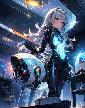 Masterpiece, Top Quality, High Definition, Artistic Composition,1 girl, silver pilot suit, on small saucer shaped UFO, smiling, looking away, retro-futuristic, cartoon, flying, from below, backlit, wide shot, glowing UFO