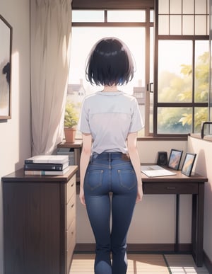 Masterpiece, Top Quality, High Definition, Artistic Composition,1 girl, short hair, drawing manga at study desk, back view, Japanese house, jeans, trainers, watercolor style, pastel tones, from behind, looking away