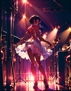 Masterpiece, top quality, high definition, artistic composition, 1 woman, International Jazz Day, jazz singing on stage, spotlight, jazz, microphone, bold composition, striking light, looking away, dark skinned woman, back band, sexy, mature, chic dress,photograph