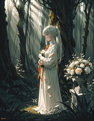 Masterpiece, Top Quality, High Definition, Artistic Composition, One Girl, Offering White Bouquet, From Side, Dirty Rough Clothes, Orange Ribbon, Looking Away, Mossy Statue of a Brave Man, In Forest, Light Shining, Impressive Light, Dramatic, Fantasy, High Contrast