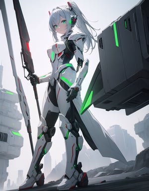 (masterpiece, top quality), high definition, artistic composition, 1 girl, anime, android-like battle suit, white and red armor, green luminescence on body, holding futuristic heavy weapons with both hands, futuristic, science fiction, standing, sideways turning sideways, spaceship dog, holographic monitor