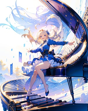 Masterpiece, Top Quality, High Definition, Artistic Composition,1 girl, blue dress, blond hair, smiling, frolicking, one leg raised, bouncing on huge piano keys, image of many large musical notes on white background, image, unreasonable, fairy tale, pastel tones, wide shot