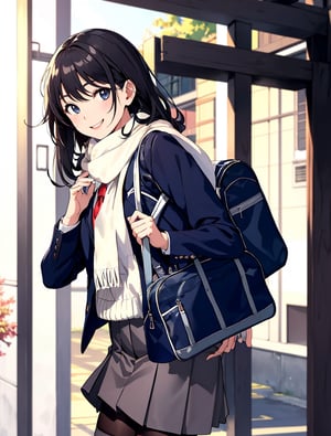 Masterpiece, Best Quality, 1 girl, smiling, right hand out in front, greeting, blazer, school uniform, school uniform, school bag, pantyhose, Japan, morning, school route, standing tall, from side, artistic composition, refreshing, high definition, strong sunlight, white scarf,breakdomain,masterpiece