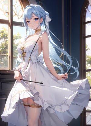 Masterpiece, Top Quality, 1 girl, gentle smile, body lit, white and blue dress, short skirt, white stockings, anime style fantasy, black and gold choker, red ribbon, light green hair, long hair, blue eyes, fair skin, fantasy, palace, large window behind, standing by window standing by window, see-through, green outside, blue sky, high definition, artistic angle, backlit, sexy, hair tied up, holding cane, lace curtains swaying in wind,masterpiece