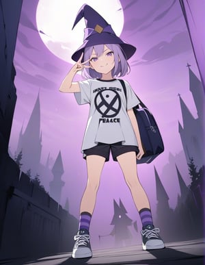 Masterpiece, Top Quality, High Definition, Artistic Composition,1 girl, wizard hat, smug face, printed shirt, standing tall, shorts, striped two-socks, sneakers, standing with legs spread, right hand on hip, left hand making peace sign, Schoolbag, meeting, purple sky, eerie background, from front, fantasy