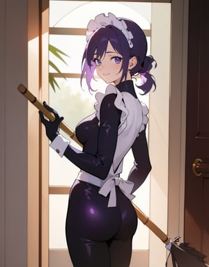 (Masterpiece, Top Quality), High Definition, Artistic Composition, 1 girl, anime, purple maid outfit, cleaning with bamboo broom, doorway, open door, morning sun, backlight, catsuit, gentle smile, dramatic,