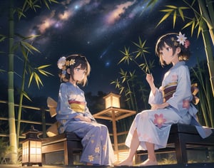 Masterpiece, Top quality, High definition, Artistic composition, 2 girls, yukata with floral pattern, sitting, looking away, talking, from below, starry sky, shooting star, Tanabata, night, bamboo branches, strips of paper, Japan, wide shot