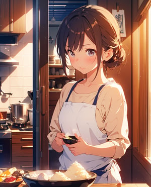 Masterpiece, Top Quality, High Definition, Artistic Composition, 1 girl, Embarrassed, Offering rice ball, Blushing, Apron, Japanese kitchen, Sweatshirt, Hair pulled back, Looking away, Morning, Portrait, Warm