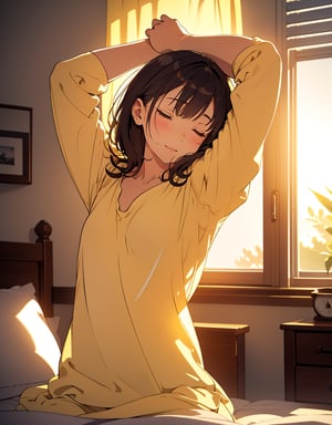 Masterpiece, Top Quality, High Definition, Artistic Composition, One Girl, Cream Yellow Cotton Shirt, On Bed, Getting Up, Eyes Closed, Mouth Open and Absent, Right Arm Up, Girlish Gestures, Backlight, Bedroom, Morning, Curtain, Impressive Light, Sleeping, Sleepy, Portrait, Low contrast, dark hair, loungewear,