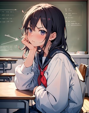 (masterpiece, top quality), high definition, artistic composition, 1 female, angry, staring at me, stupid hair, cute, young, sailor outfit, classroom, seated, hand tapping desk, blushing, from side, silly, Portrait