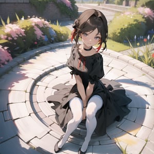 Masterpiece, Top Quality, High Definition, Artistic Composition,1 girl, black dress, red ribbon, choker, smiling, sitting on stone brick, from front, (spread legs, hand between legs), from above, English garden, surrounded by colorful flowers, white pantyhose