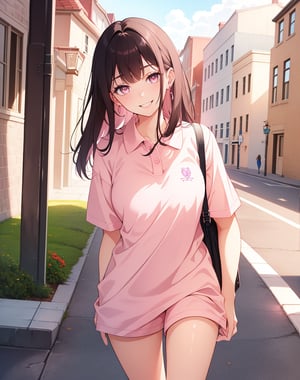 (masterpiece, top quality), high definition, artistic composition, 1 girl, dark hair, light pink polo shirt, from front, walking, blunt bangs, squinting and smiling, tilting head, girlish gesture, young lady, walk, portrait