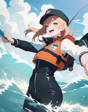 (masterpiece, top quality), high definition, artistic composition, 1 woman, fishing on a boat, action pose, smiling, life jacket, fisherman's cap, powerful, splashing waves, rough water, open mouth smile, Dutch angle, dramatic