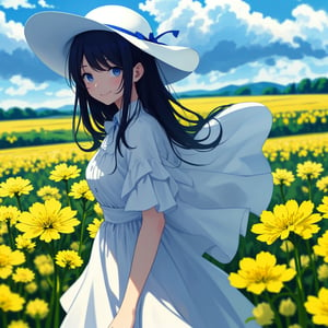 (masterpiece, top quality), 1 girl, high definition, artistic composition, portrait, field of rape blossoms, woman in white dress, wide-brimmed hat, hands clasped behind body, smiling with mouth open, spinning, posing, looking at me, blue sky,<lora:659111690174031528:1.0>