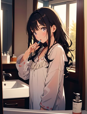 (masterpiece, top quality), high definition, artistic composition, 1 girl, pajamas, brushing teeth at sink, looking up, fringe bothering her, hand touching fringe, looking at self in mirror, shaggy hair, wavy hair, morning, portrait, black hair, noh, relaxed Looking away, looking away