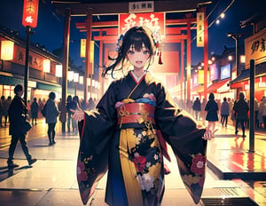 Masterpiece, Top Quality, High Definition, Artistic Composition, Several Girls, Kimono, Japanese Clothing, Walking and Talking, Smiling, Girlish Gestures, Looking Away, People in Ethnic Clothing, Crowd, Festival, Western Style, Portrait, Fun, Bold Composition