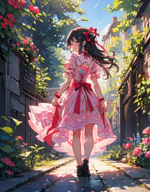 (Masterpiece, Top Quality), High Definition, Artistic Composition, 1 girl, 15 years old, pink dress, back showing, smiling, from behind, hands behind back, walking tall, garden, young lady, red ribbon, turning around