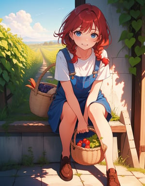 (masterpiece, top quality), high definition, artistic composition, 1 woman, vineyard, stooping, overalls, apron, woven basket, red hair, braids, blue eyes, smile, striking light, freckles, dramatic