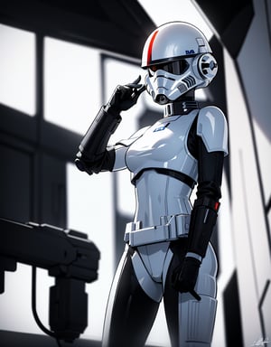 Masterpiece, top quality, high definition, artistic composition, 1 woman, Star Wars style, inside spaceship, futuristic passage, female soldier, gun in hand, action pose, bold composition, Dutch angle, dim, high contrast, perspective, dramatic, droid, stormtrooper style helmet,photograph
