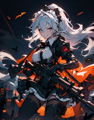 (masterpiece, top quality), high definition, artistic composition, 1 girl, maid cosplay, Halloween, night, city, smirking, heavy weapon, aiming with gun, firing, action pose, looking away, dynamic, powerful, In combat, Dutch angle, High contrast, Suspense