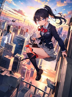 Masterpiece, top quality, 1 girl, jumping, beautiful background, cityscape, building rooftop, blazer, uniform, school uniform, legs bent, ponytail, sports bag, fish-eye lens, high definition, artistic composition, fantasy, sunset, perspective,best quality
