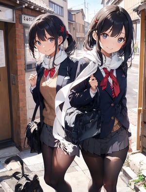 Masterpiece, Best Quality, 1 girl, smiling, right hand out in front, greeting, blazer, school uniform, school uniform, school bag, pantyhose, Japan, morning, school route, standing tall, from side, artistic composition, refreshing, high definition, strong sunlight, white scarf,breakdomain