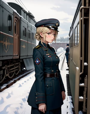 (masterpiece, top quality), high definition, artistic composition, 1 girl, WWII, train station, steam train, Russian female soldier, snow, dark sky, document, realistic, looking away, many soldiers