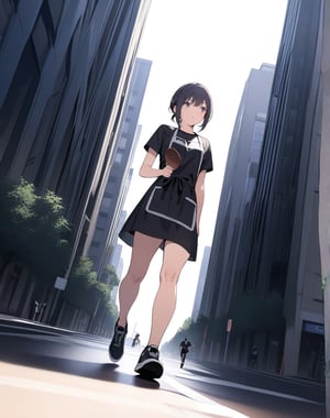 (masterpiece, top quality), high definition, artistic composition, 1 girl, black sportswear, stylish apron, running, frying pan in hand, off balance, panicked, looking away, attention seeking, boulevard, stooping, Dutch angle